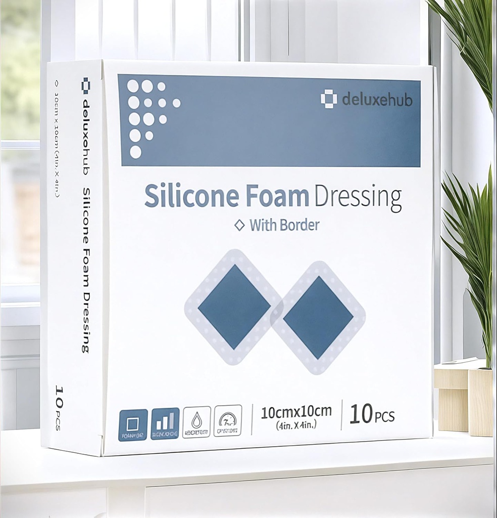 Silicone Foam Dressing with Border, 4&quot; x 4&quot;, 10 Pieces/Box
